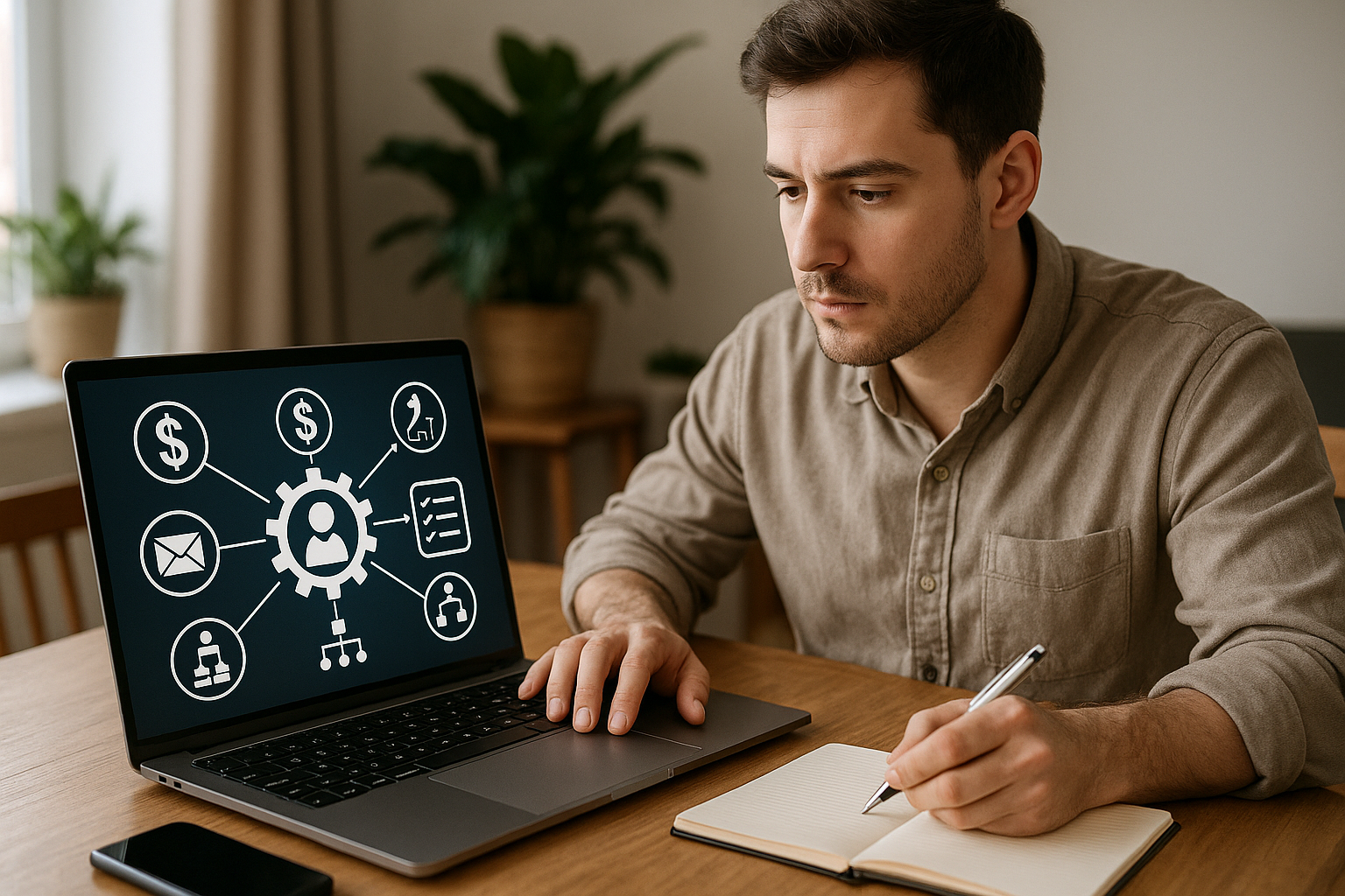 Man taking notes while looking at a laptop screen displaying a network of business and financial icons.