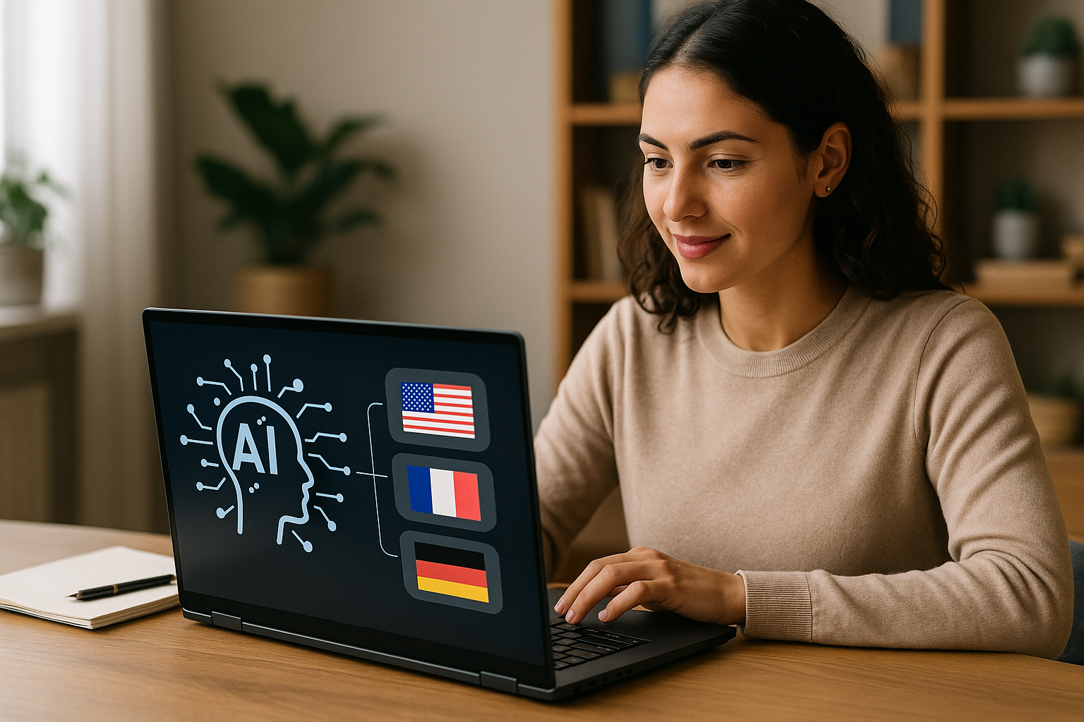 Woman using a laptop showing an AI graphic connected to US, French, and German flags on the screen.