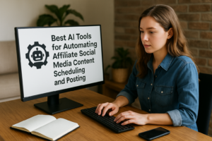 Person typing on a keyboard at a desk with a monitor displaying text about AI tools for automating affiliate social media content scheduling and posting.