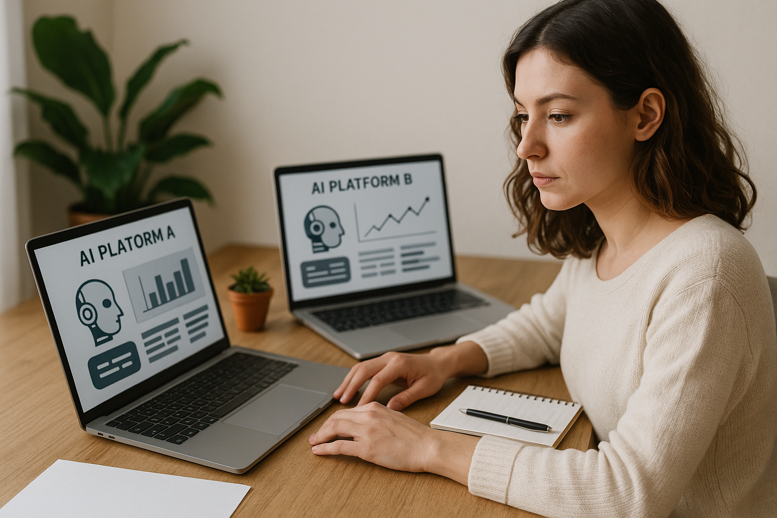 Person sitting at a desk comparing two laptops displaying charts and AI platform information.