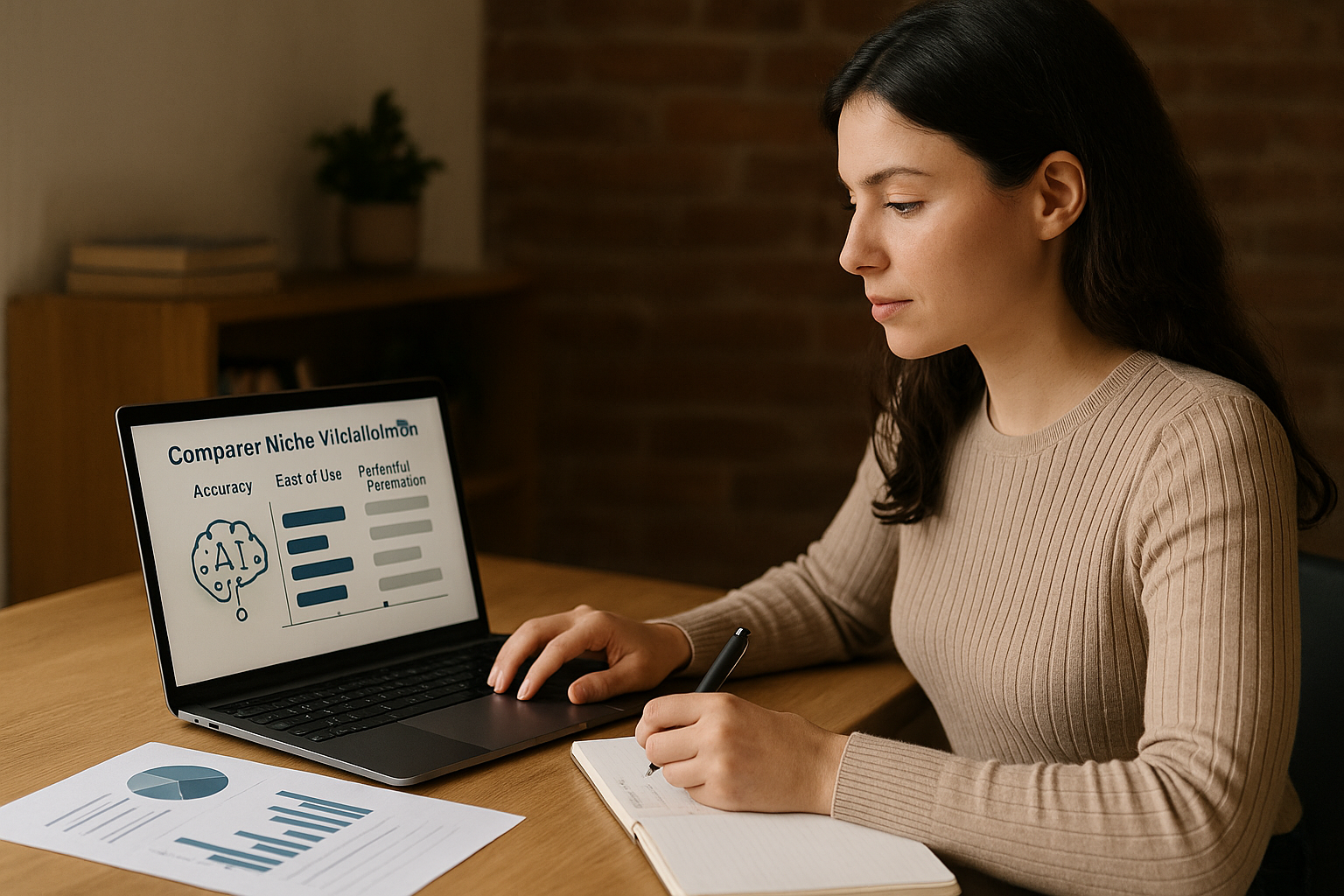 Person writing in a notebook while looking at a laptop screen displaying a comparison chart of niche validation tools.