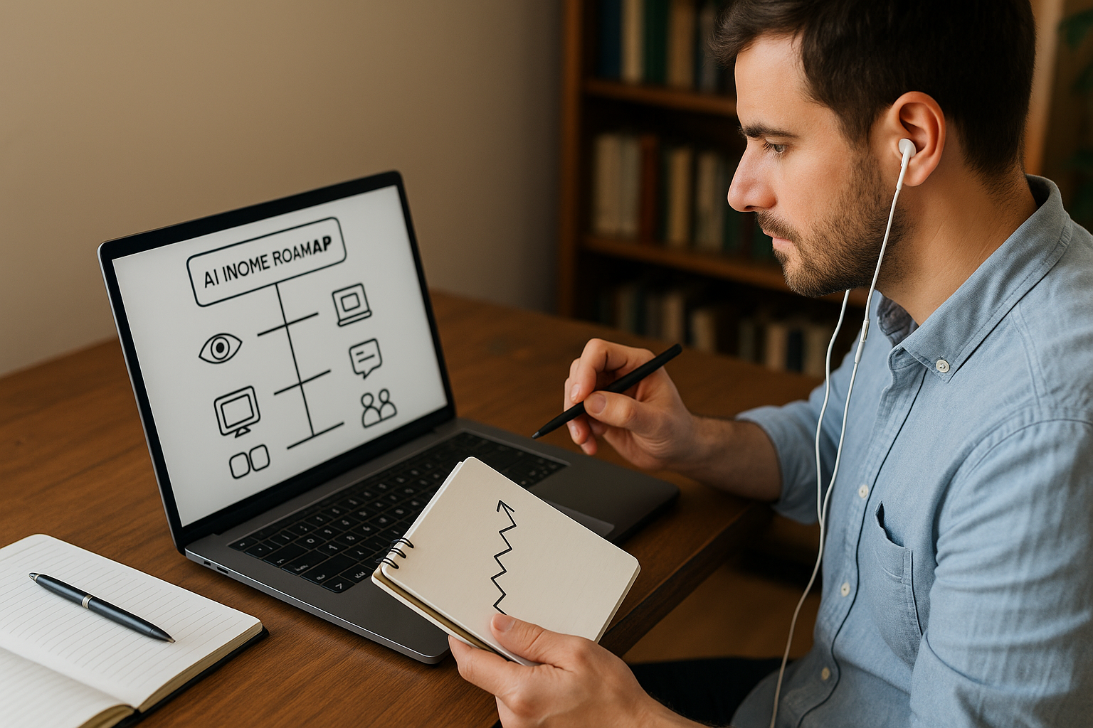 Man wearing earphones holding a notebook with an upward graph while pointing a pen at a laptop screen showing an AI income roadmap diagram.