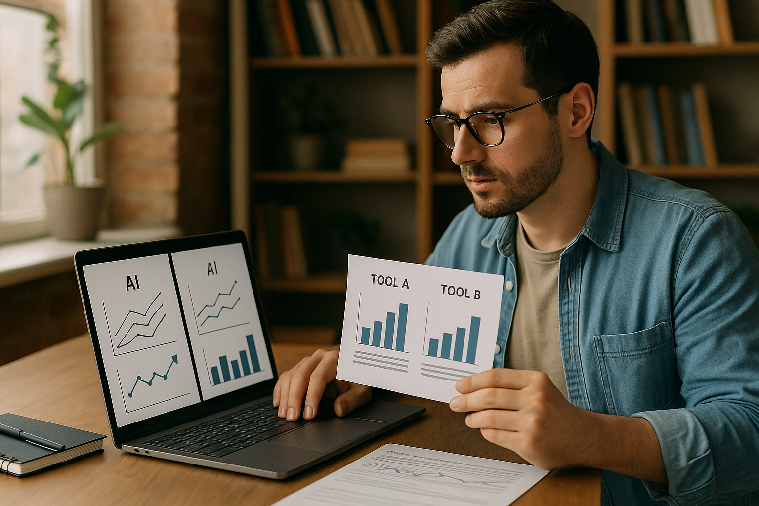 Man wearing glasses comparing bar charts labeled Tool A and Tool B on paper and laptop screen.