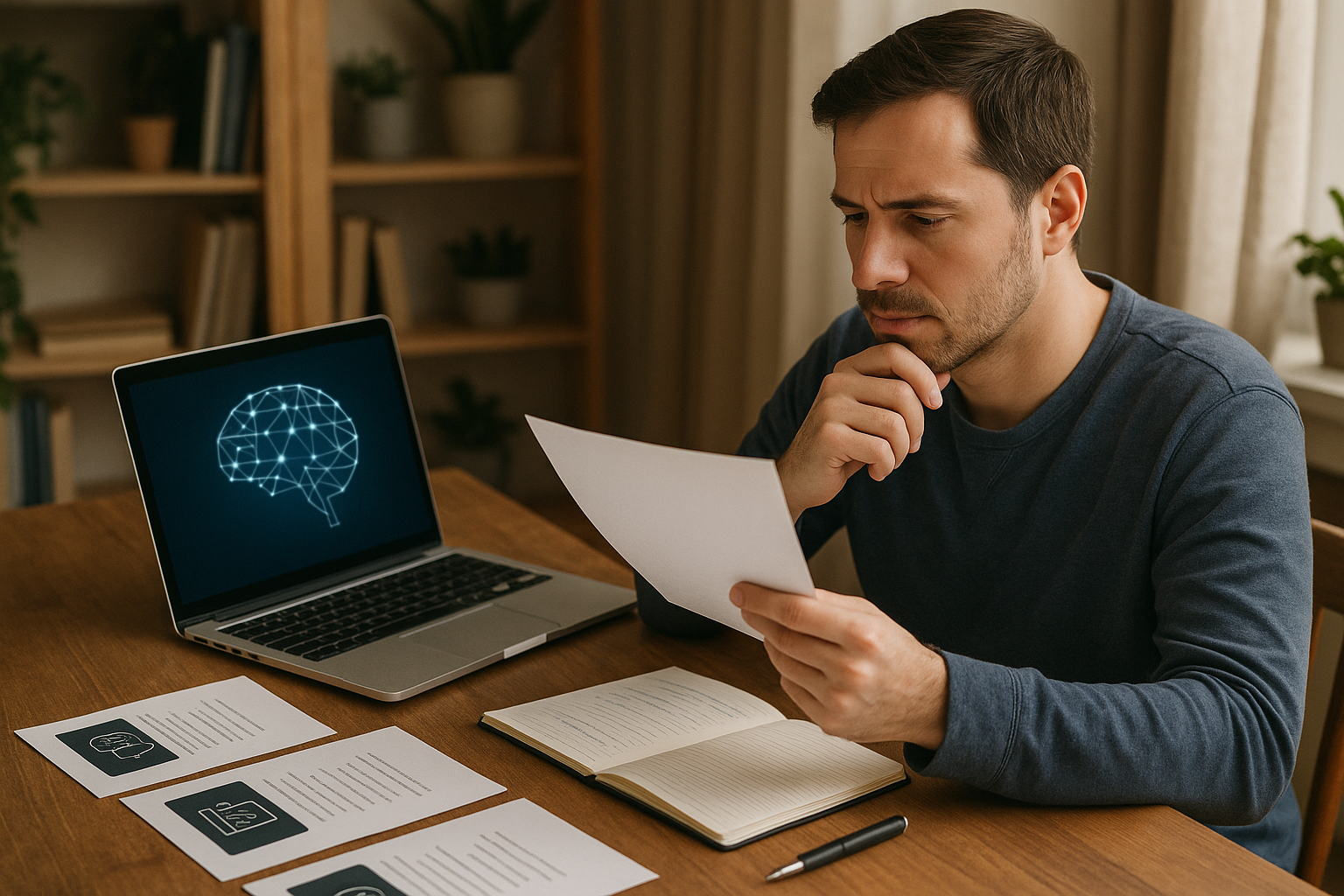 Man sitting at a table reading a paper with a laptop displaying a digital brain illustration and documents spread out.