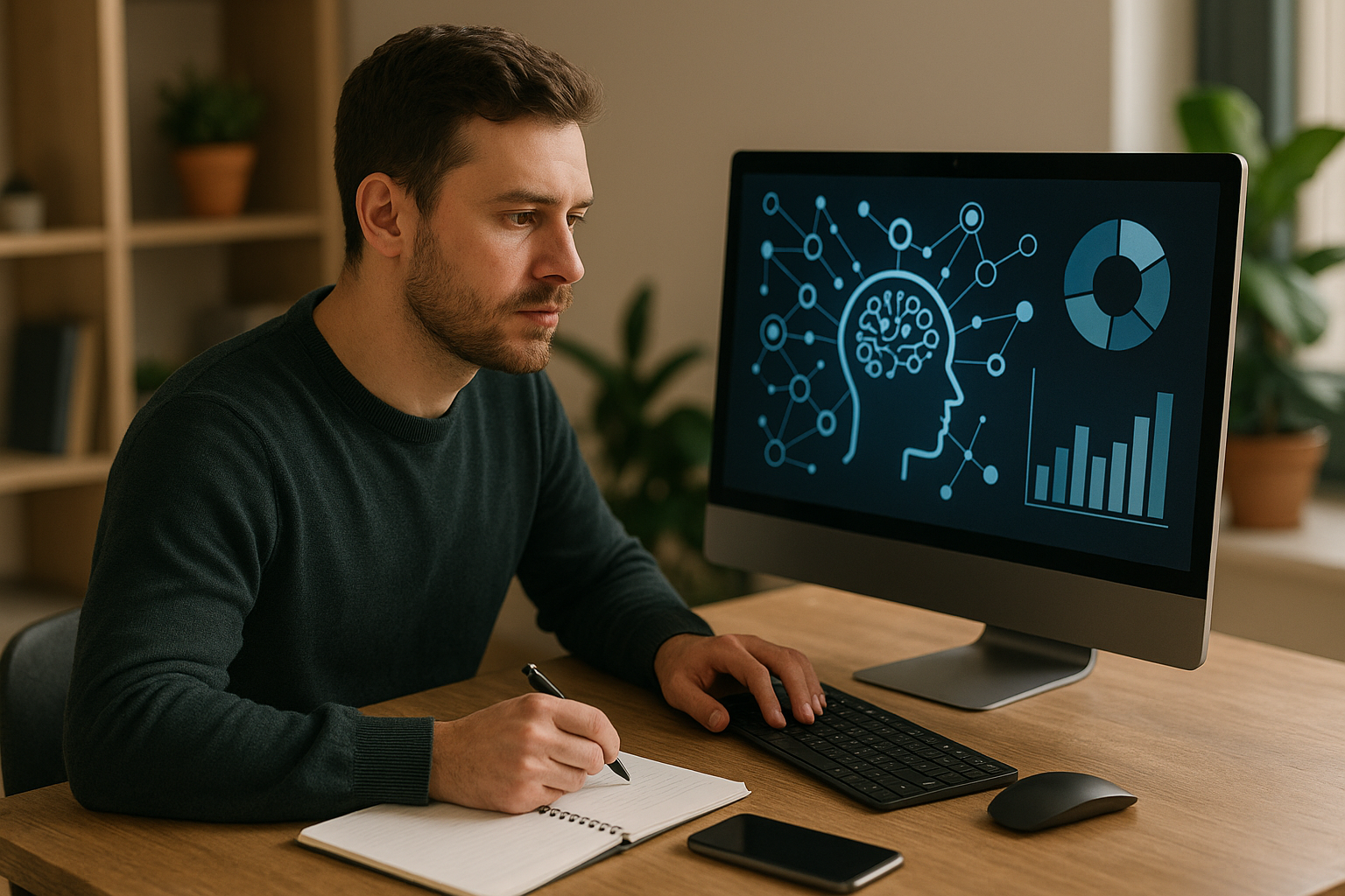 Man focused on writing in notebook while sitting at desk with computer screen displaying brain network and data charts.