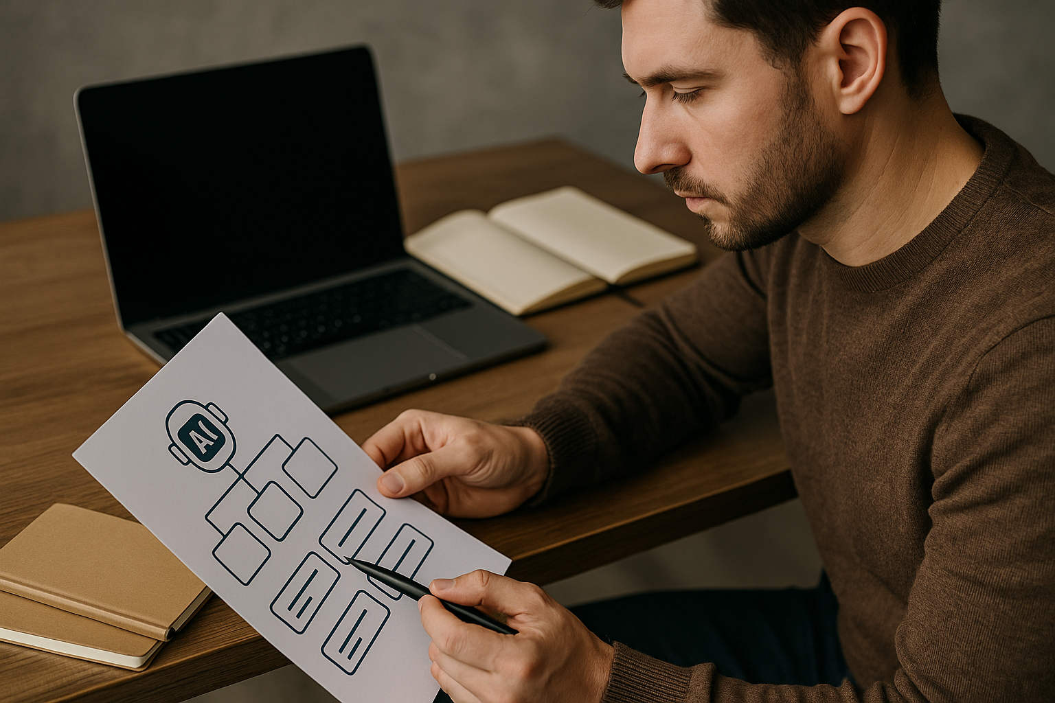 Man in brown sweater holding pen and pointing at AI flowchart on paper at wooden desk with laptop and notebooks