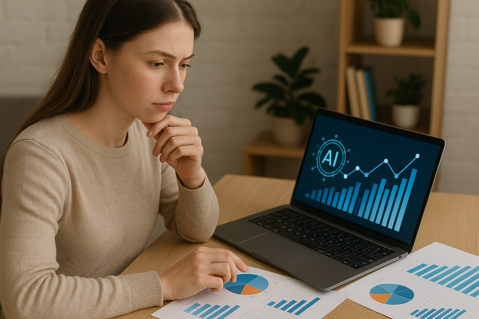 Person analyzing blue and orange pie charts and bar graphs beside a laptop showing AI-related data visualization.