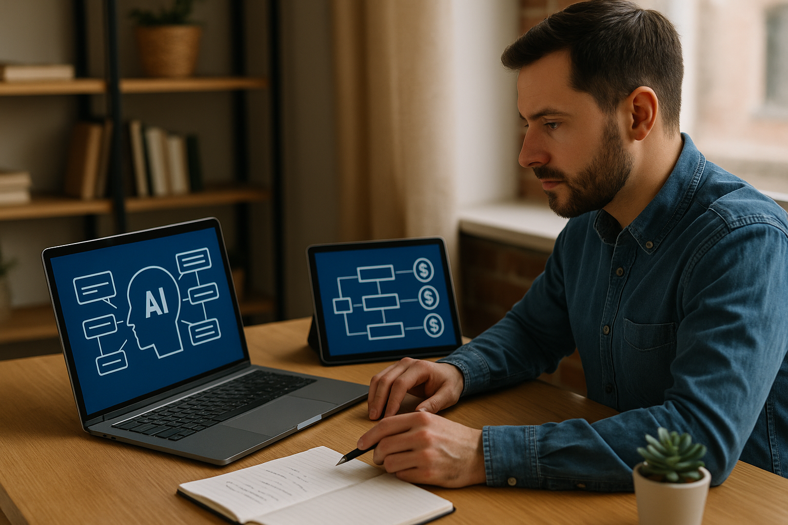 Man in blue shirt writing in notebook while looking at laptop and tablet screens displaying AI and flowchart graphics.