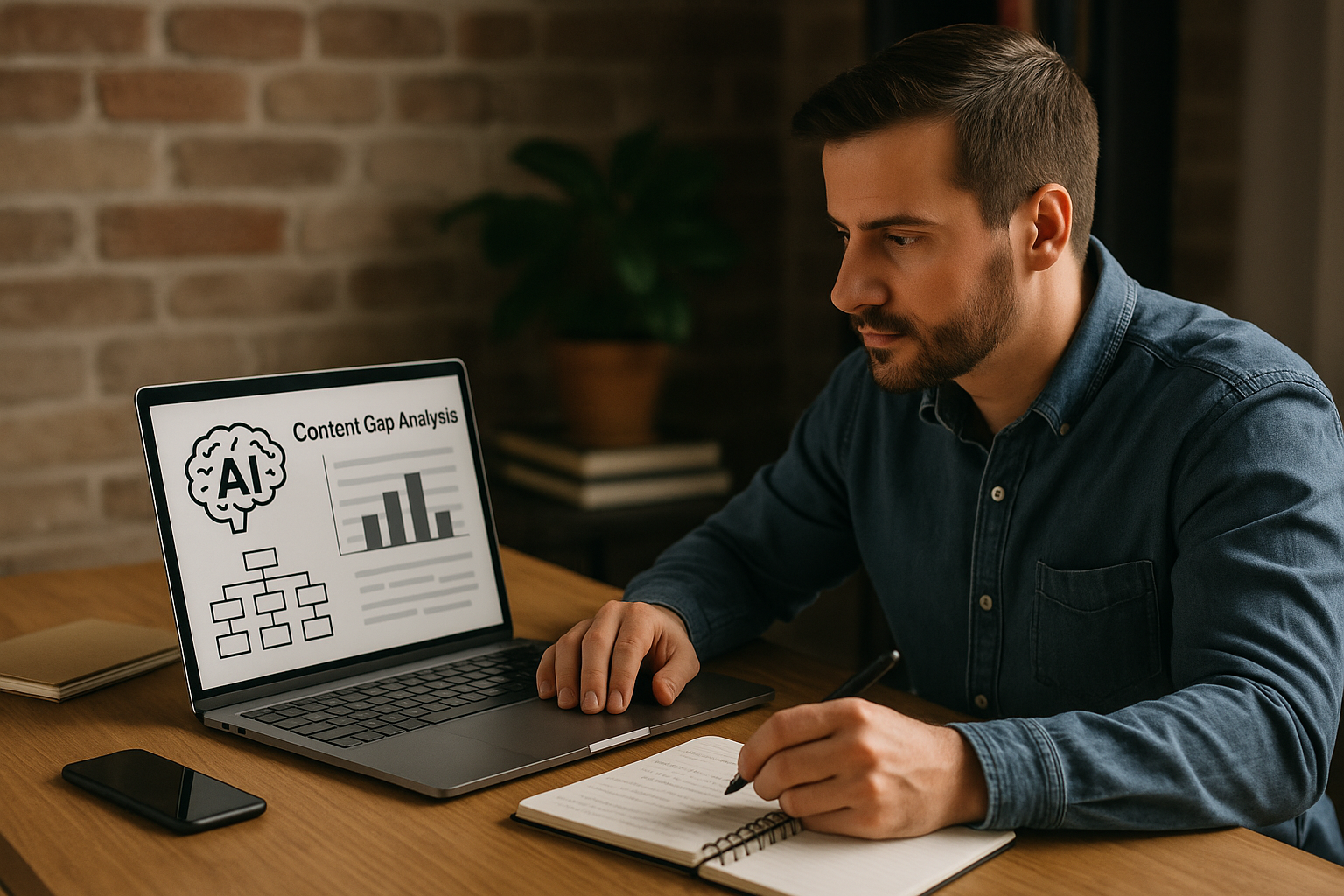 Man writing in a notebook while looking at a laptop screen showing AI content gap analysis charts and diagrams.
