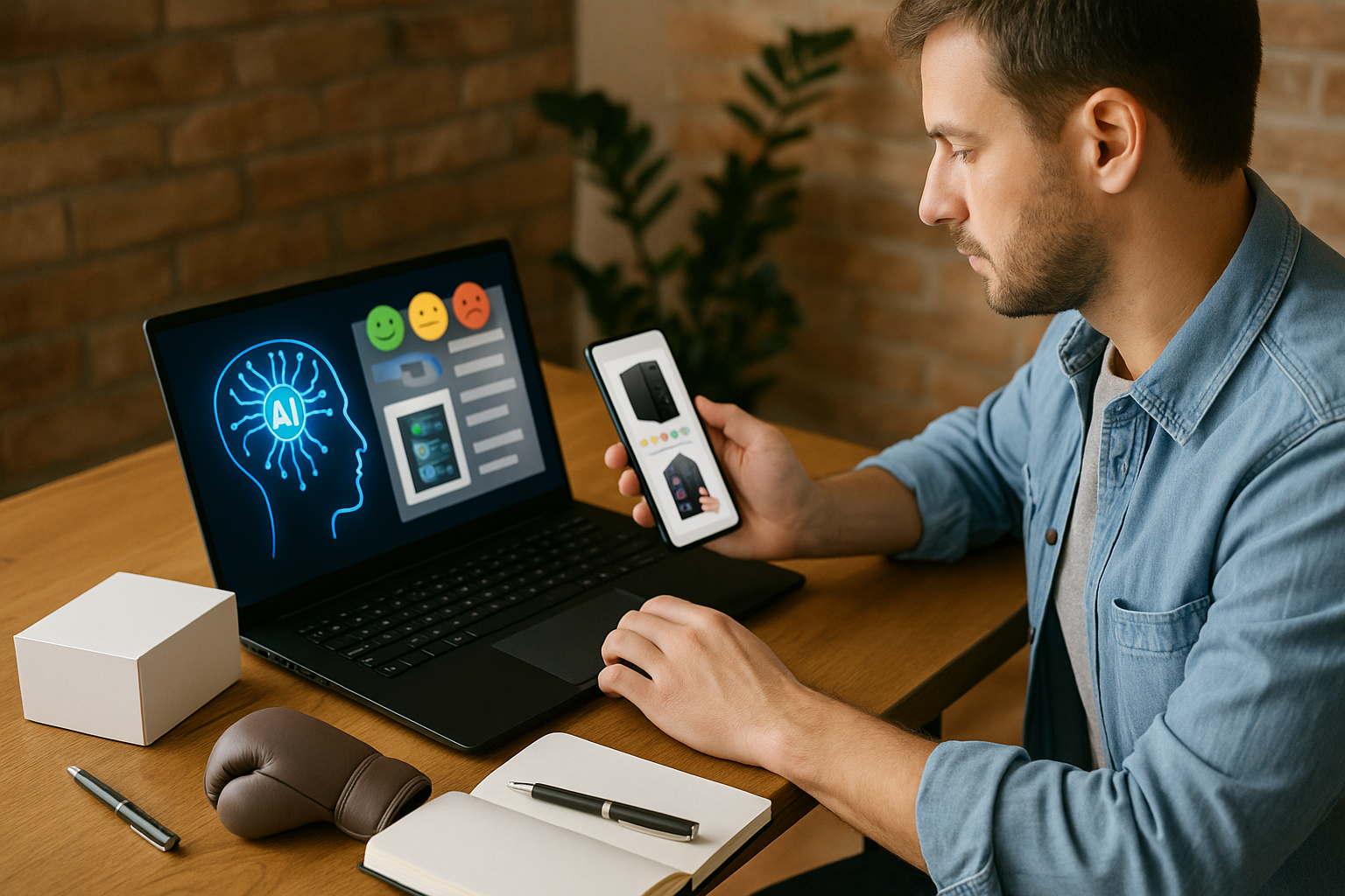 A distinctive real-world AI income strategies for beginners scene directly illustrating How to Use AI-Powered Sentiment Analysis to Tailor Affiliate Product Recommendations.