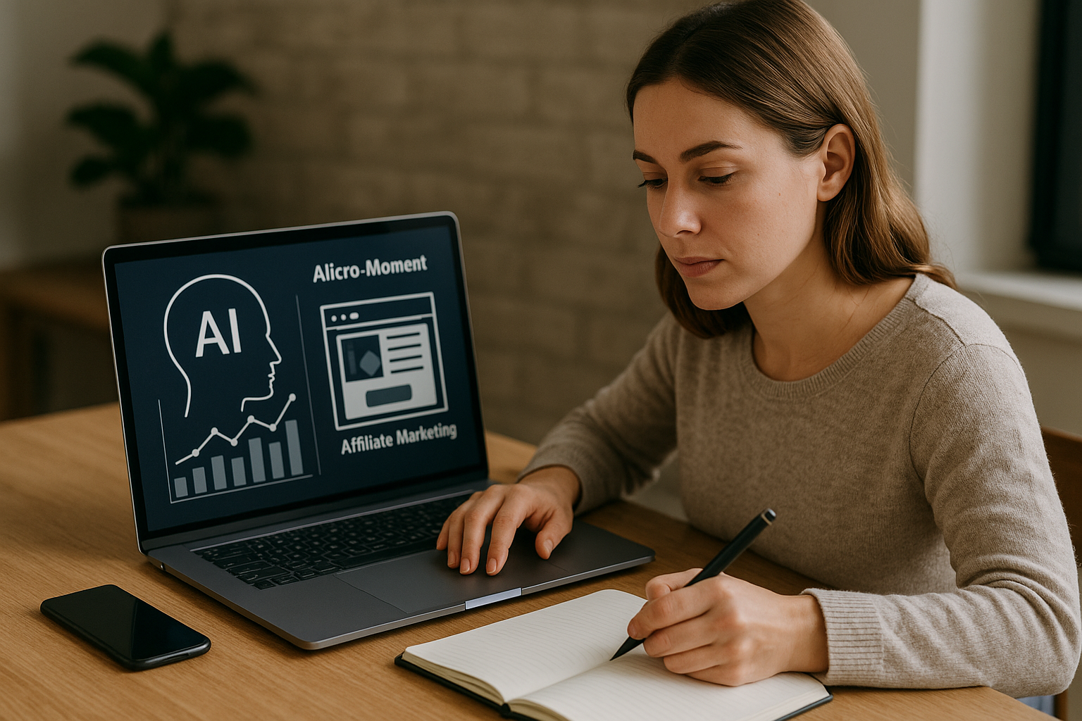 A distinctive real-world AI income strategies for beginners scene directly illustrating How to Use AI to Detect and Exploit Micro-Moment Affiliate Marketing Opportunities.