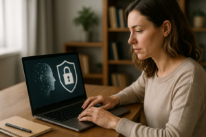 Woman sitting at a desk using a laptop displaying a digital head profile and a shield with a padlock symbol.