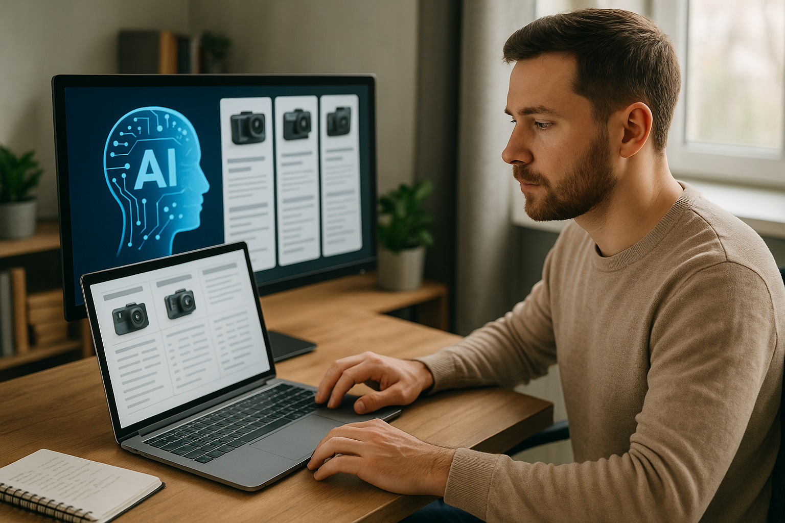Man sitting at desk using laptop with product comparison charts and AI graphic on a monitor behind him.